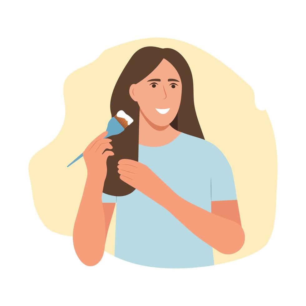 hermosa chica aplicando mascarilla para el cabello, haciendo el procedimiento de spa en casa. mujer cuida su cabello. ilustración vectorial vector