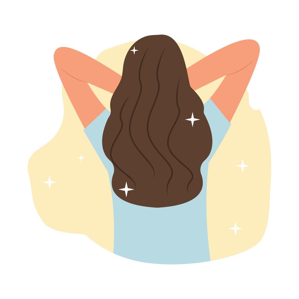 Portrait of a young female character, back view.Beautiful healthy hair after using a mask, conditioner.Woman take care about her hair.Vector illustration vector