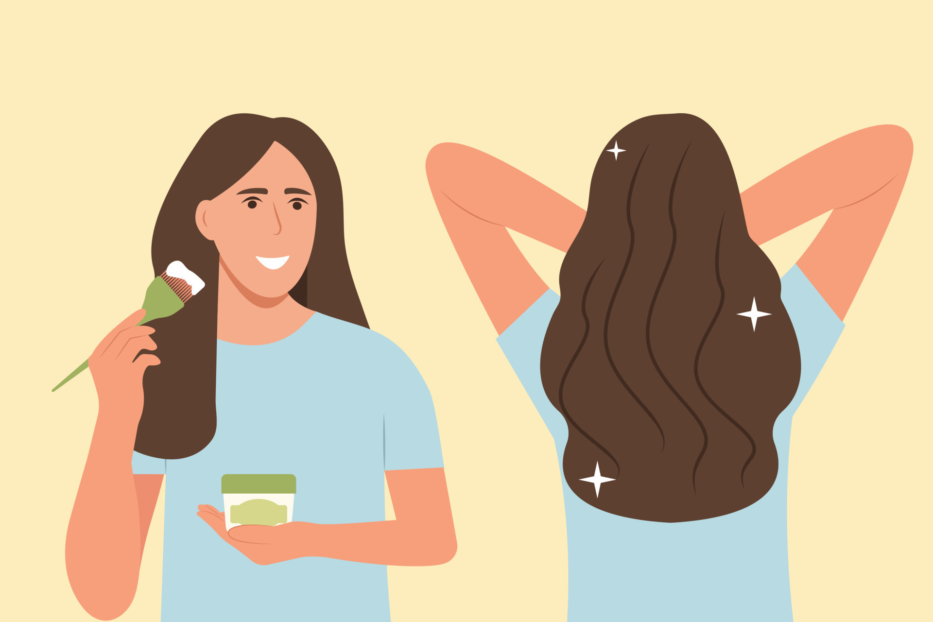 A young woman applies a mask to her hair. Brush in hand. Girl take care about her hair, doing home spa procedure. Hair treatment. Before and after. Healthy cartoon style vector A young woman applies a mask to her hair. Brush in hand. Girl take care about her hair, doing home spa procedure. Hair treatment. Before and after. Healthy cartoon style vector