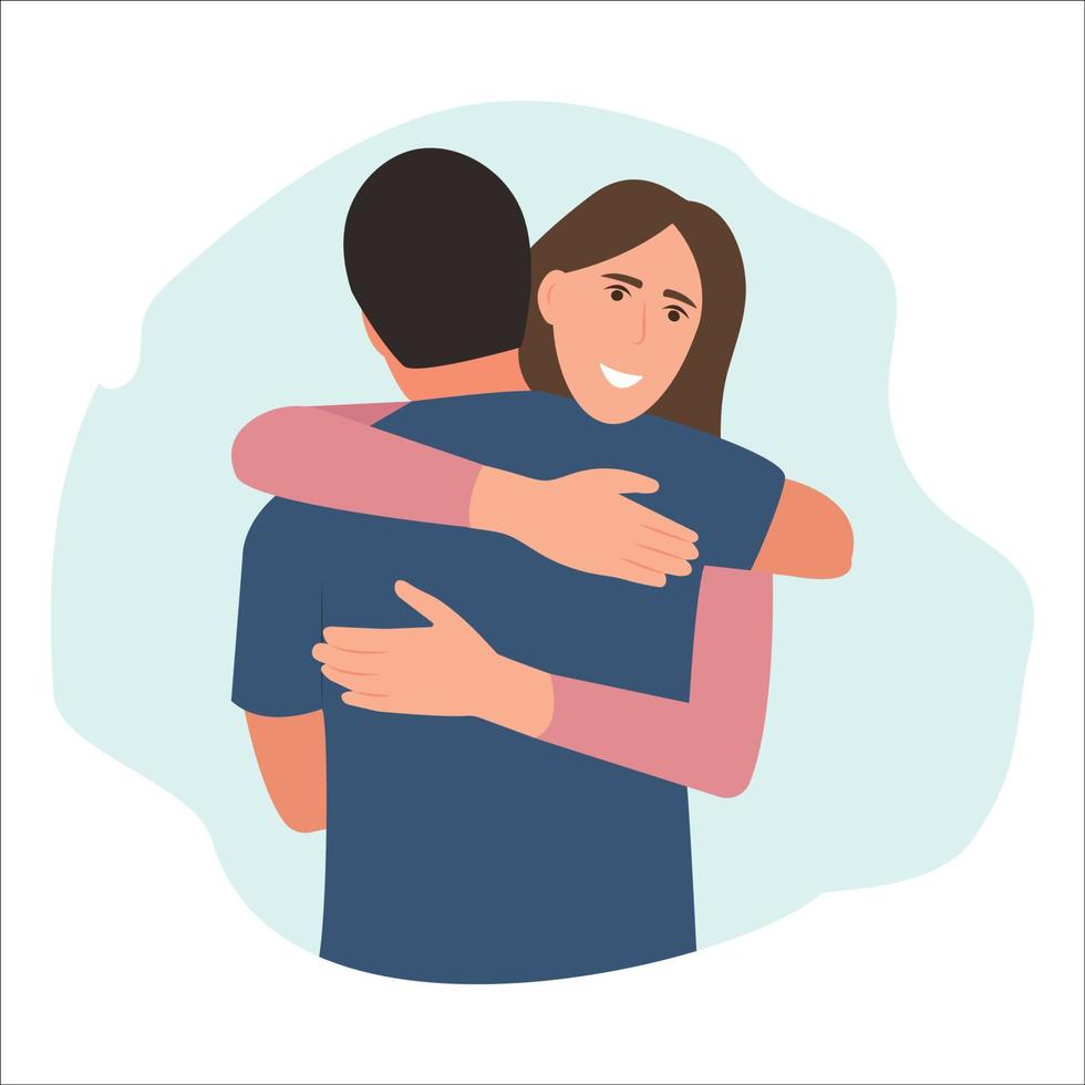 Beautiful young woman hugging man with tender love and Beautiful young woman hugging man with tender love and passion. Happy meeting of two Friends.  Love, relatives, friends. vector