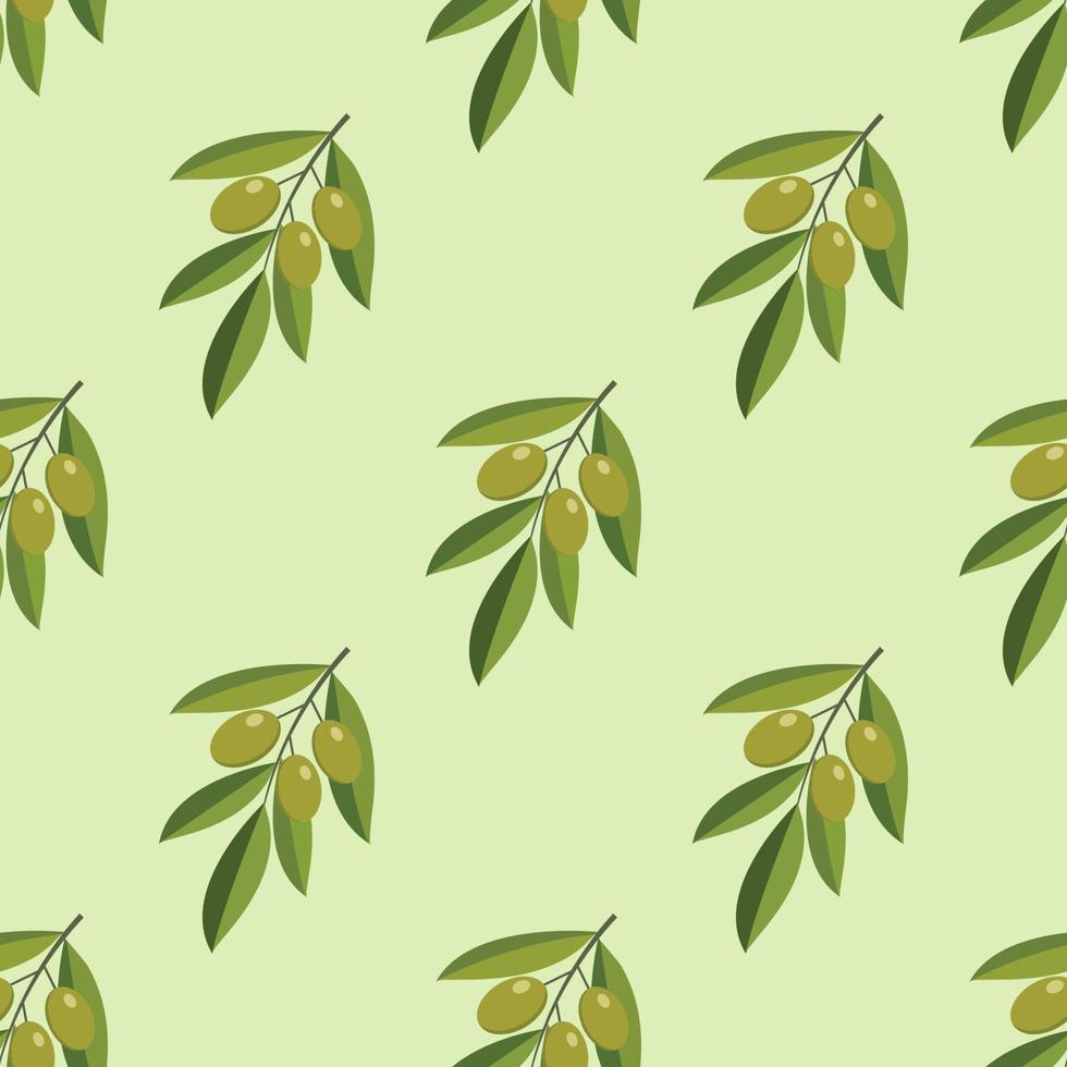 Vector seamless pattern with green olive tree branches. For the design natural organic cosmetics, wrapping paper, soap, olive oil. Vector illustration.
