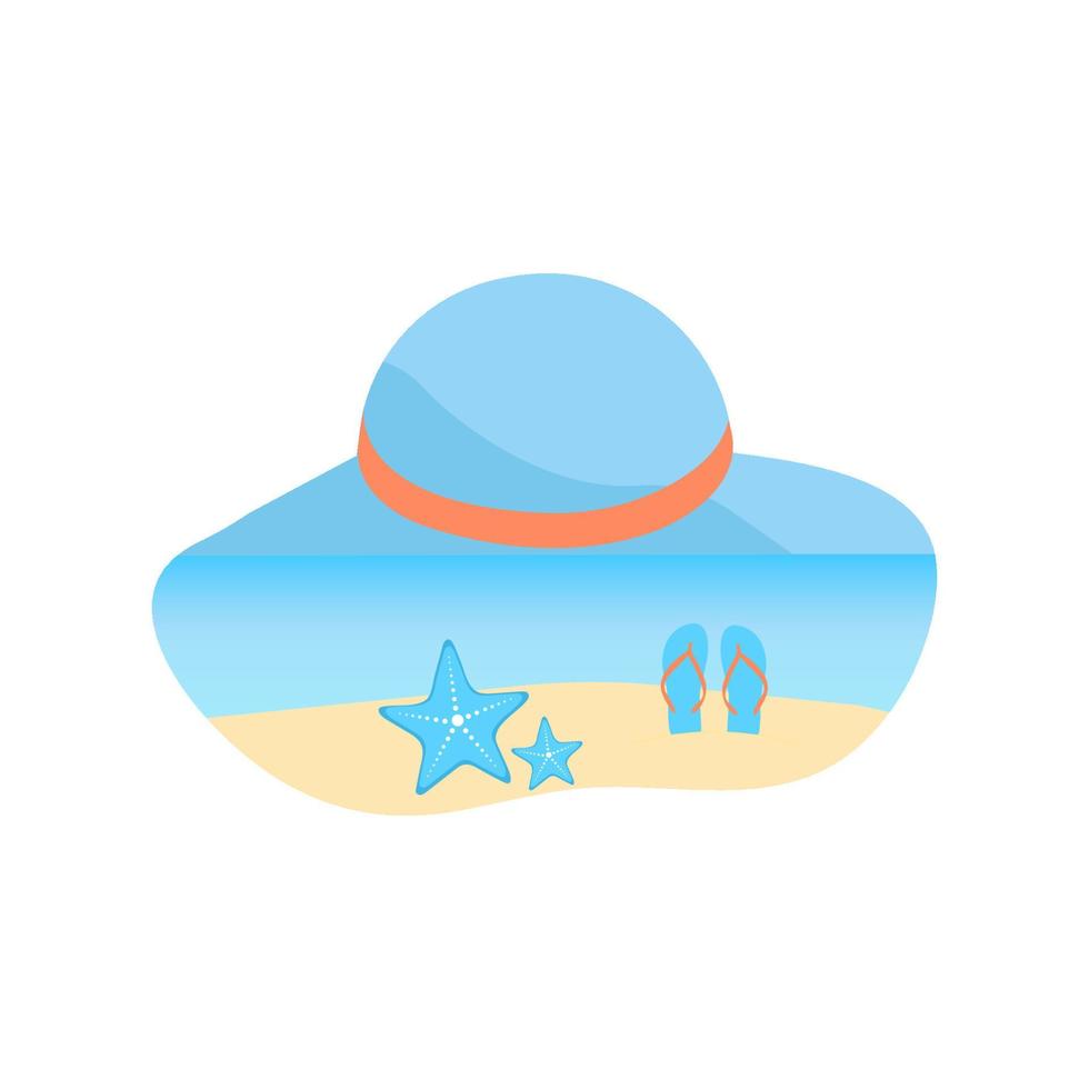 Creative landscape background, sea and beach panorama on summer hat.Summer time. Vector illustration