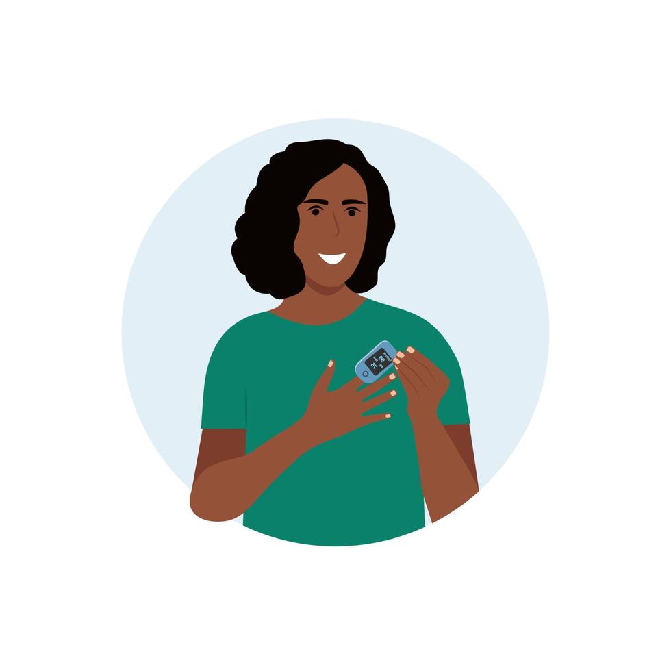 African american woman using pulse oximeter device on finger.Pulse Oximeter with normal value. Digital device to measure oxygen saturation.  Vector illustration on white background