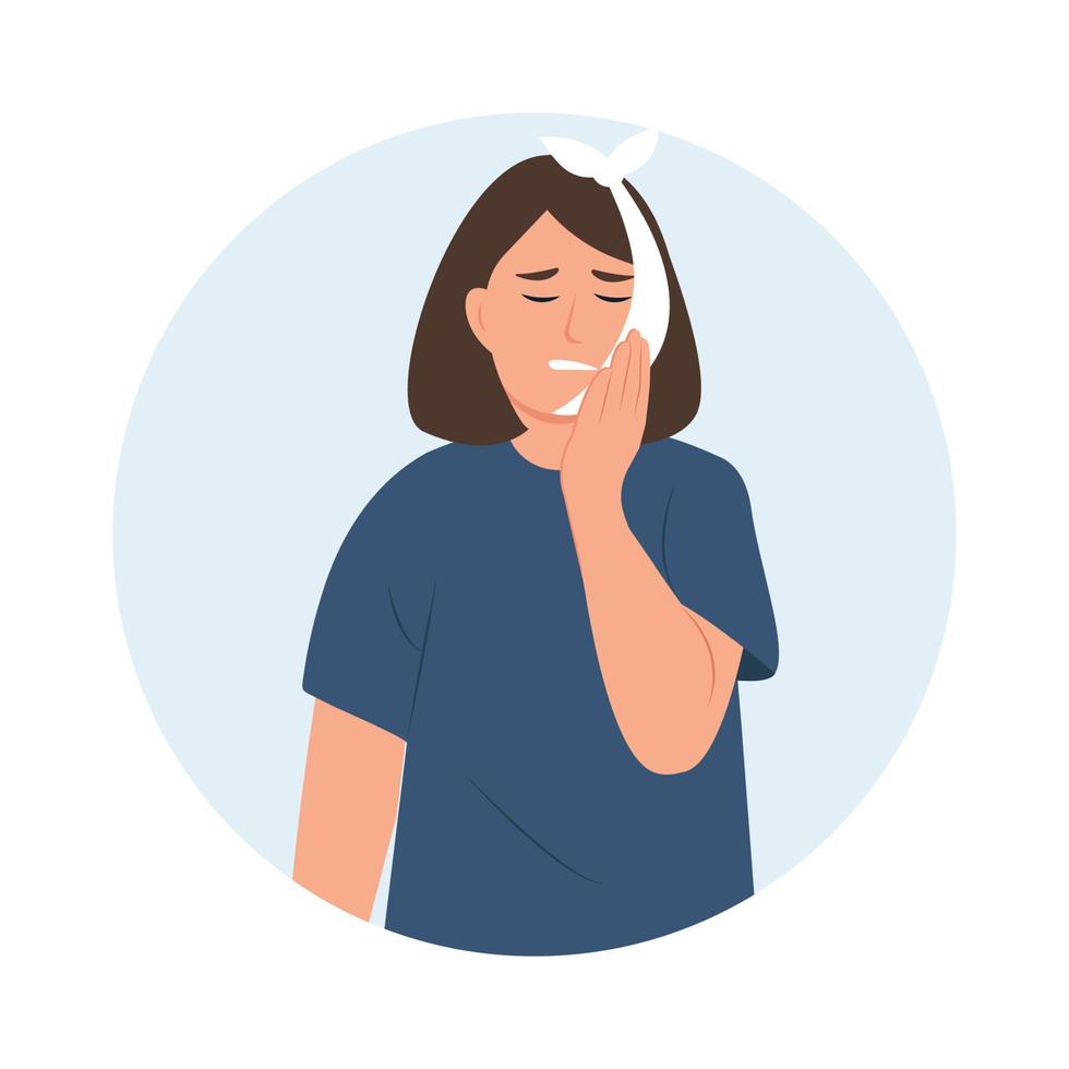 Toothache. Woman with toothache touching her cheek. Caries. Severe tooth pain. Vector illustration in cartoon style