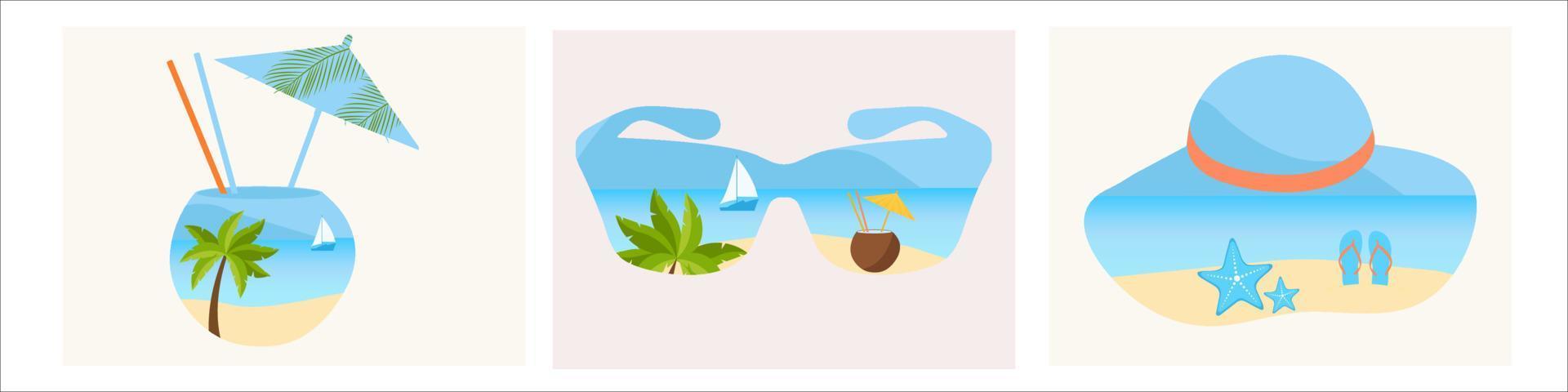 Creative background of landscape, panorama of sea and beach on summer hat,sunglasses, coconut.Vector illustration vector
