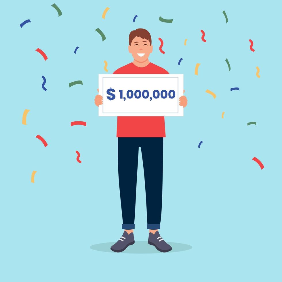 Happy man standing with check for one million dollars in hands. Bib win lottery,winner.Money and business, finance success rich, lottery and award, vector illustration