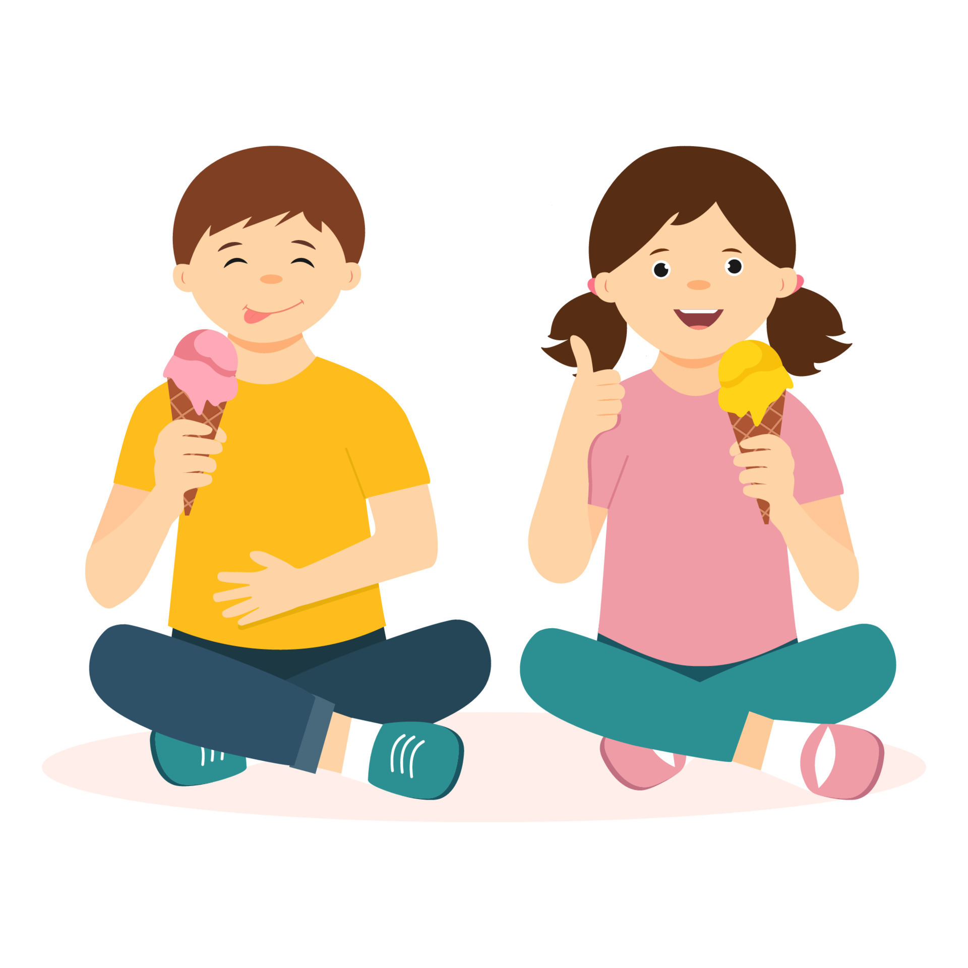 Cute kids eating an ice cream. Children sitting and holding ice cream