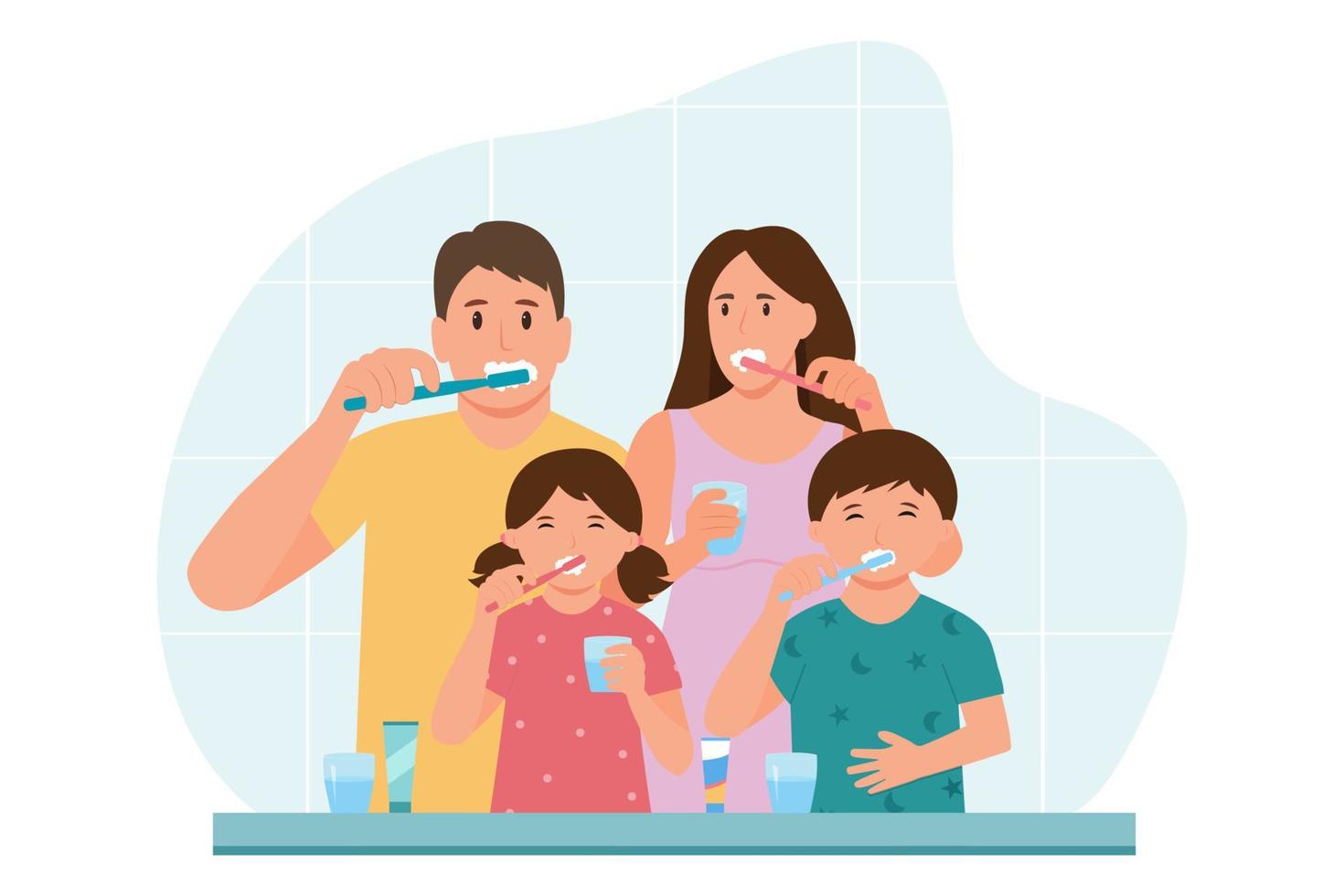 Family are brushing teeth together.Happy family with toothbrushes in bathroom.Daily routine dental hygiene. Vector illustration.