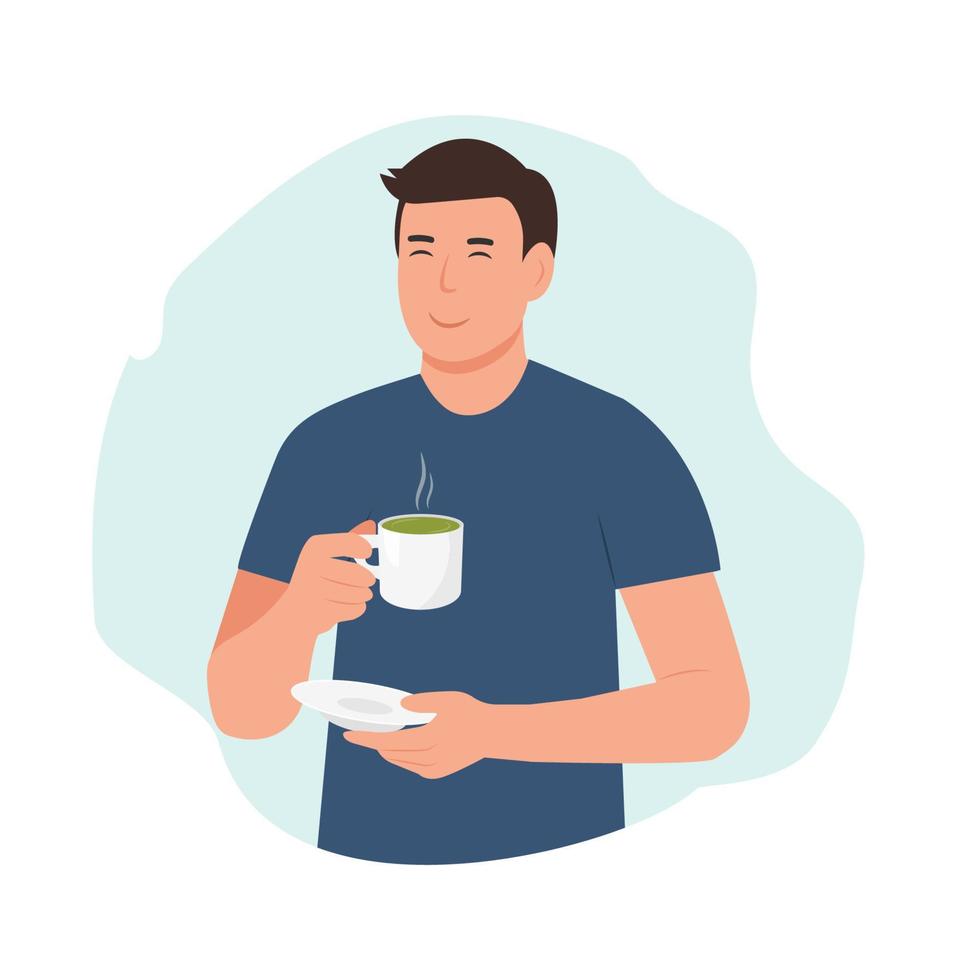 Young  man drinks green matcha tea. Matcha latte healthy drink.  Japanese tea culture. Asian culture. Boy with cup drink healthy herbal beverage. Relaxion, meditation.Cartoon Vector Illustration