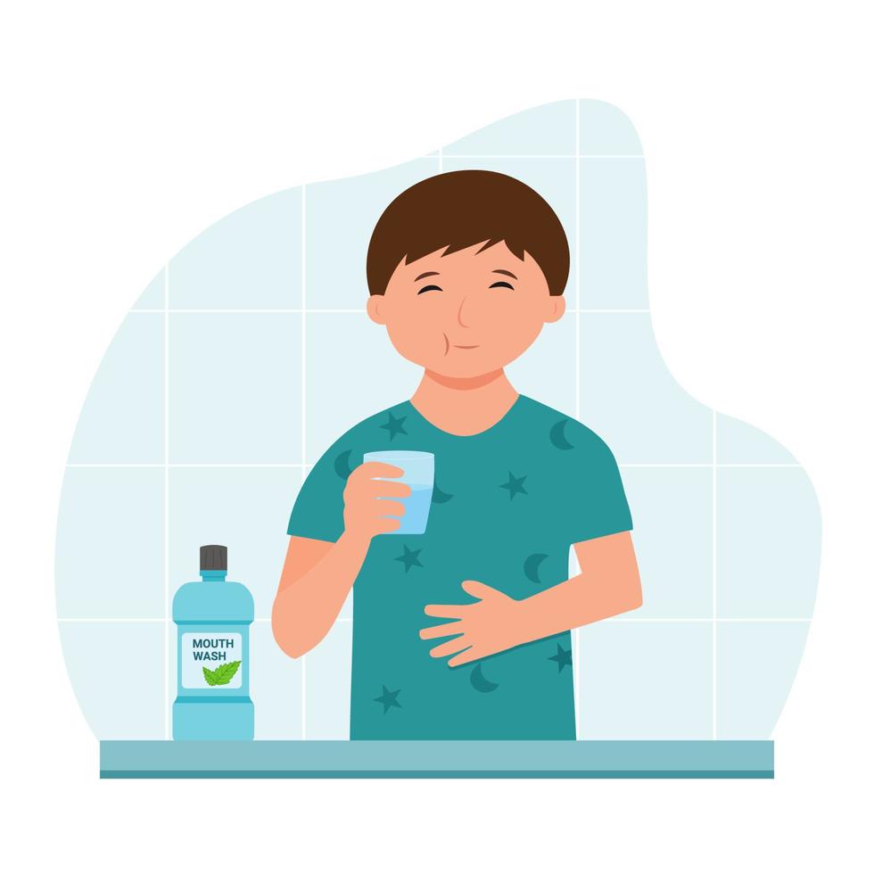 Boy using mouthwash for fresh breath and plaque prevention in flat design. Daily oral hygiene routine. Dental Health Concept.Rinse your mouth Vector illustration