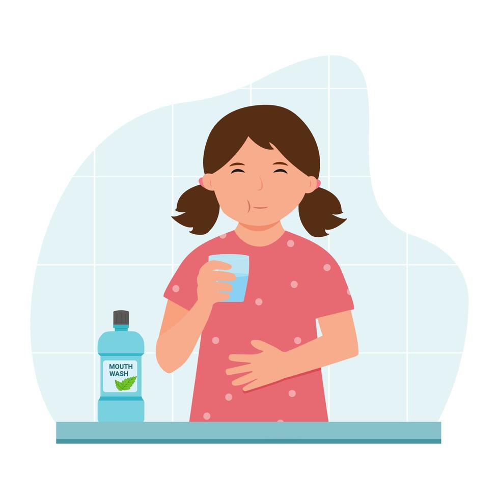 Cute girl using mouthwash for fresh breath and plaque prevention in flat design. Daily oral hygiene routine. Dental Health Concept.Rinse your mouth Vector illustration