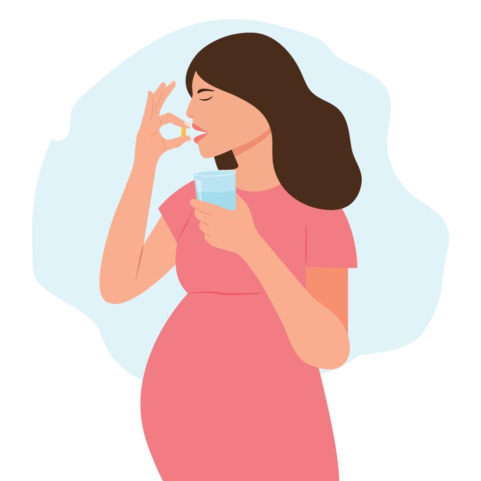 la mujer embarazada toma un suplemento o vitamina. la mujer sostiene una pastilla en la mano y tiene la intención de tomarla. Vaso de agua en las manos. tratamiento de medicamentos, farmacia y medicina, concepto.ilustración vectorial vector