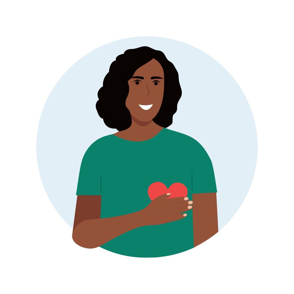African american woman has friendly expression and keeps hand on heart. Girl expresses love, thankful feelings. Love and relationships concept.Vector cartoon style vector