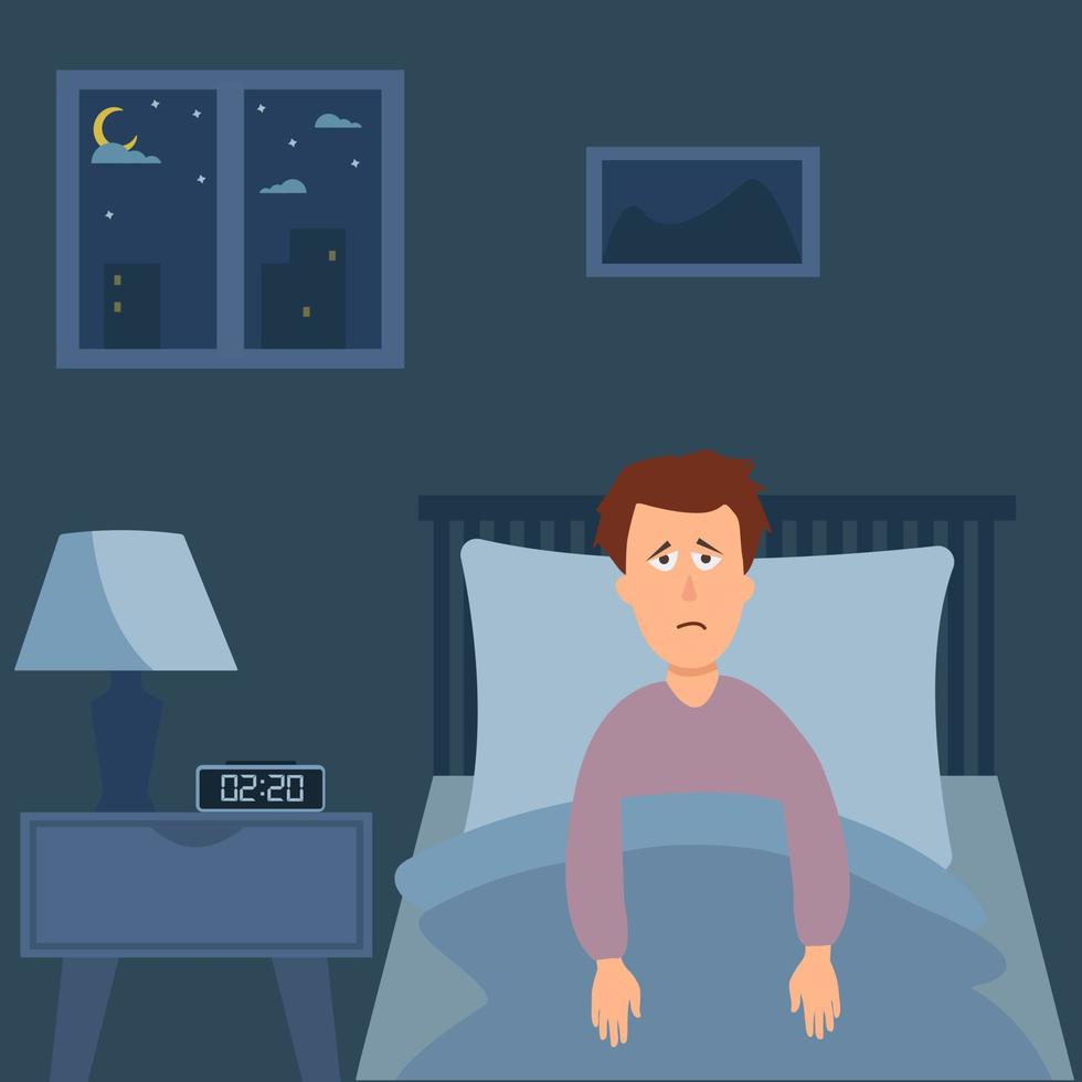 Sleepless man suffering from insomnia. Boy with open eyes in darkness night lying on bed.Concept vector illustration. Man try to sleep under blanket.Flat cartoon style vector illustration.