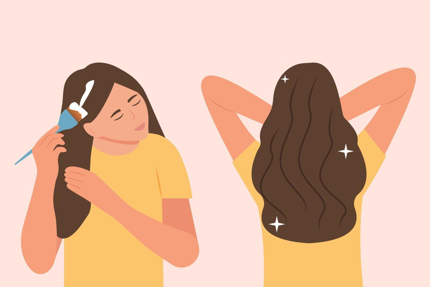 A young woman applies a mask to her hair. Brush in hand. Girl take care about her hair, doing home spa procedure. Hair treatment. Before and after. Healthy hair.Flat cartoon style vector illustration.