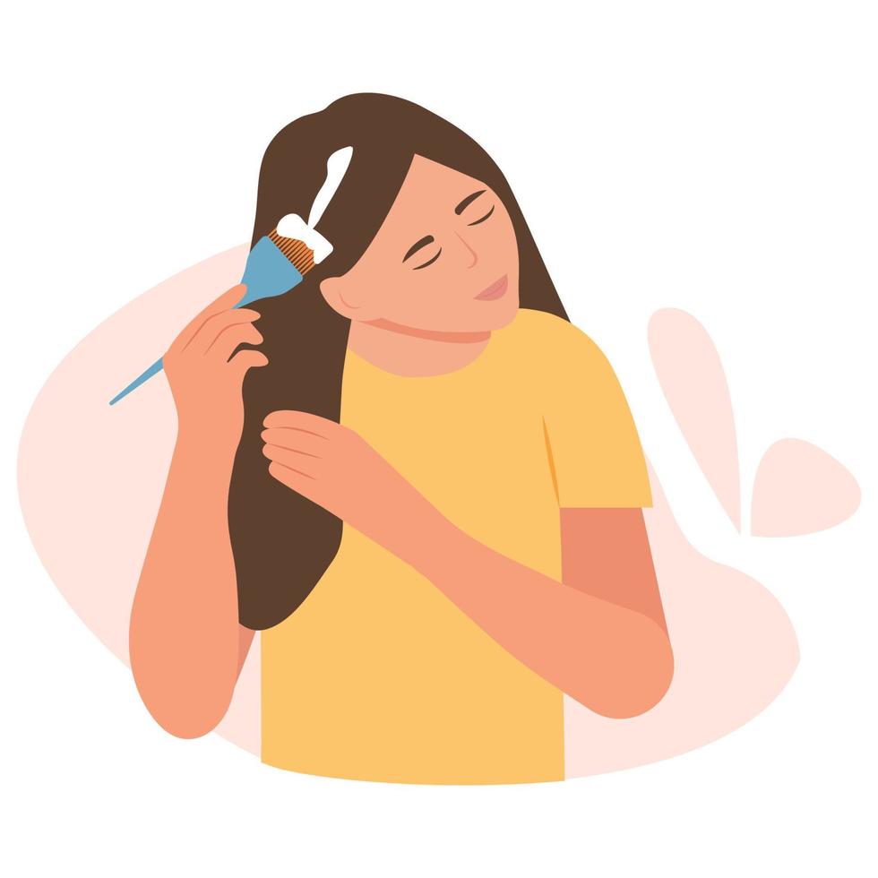 A young woman applies a mask to her hair. Brush in hand. Girl take care about her hair, doing home spa procedure. Flat cartoon style vector illustration.