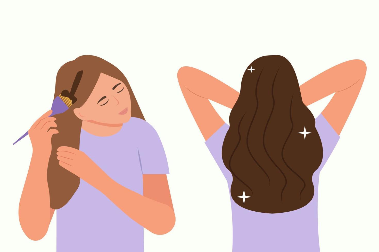 How to dye your hair at home guide. Hair coloring process. Beauty procedure. Apply color creme on hair with brush. Before and after. Vector illustration