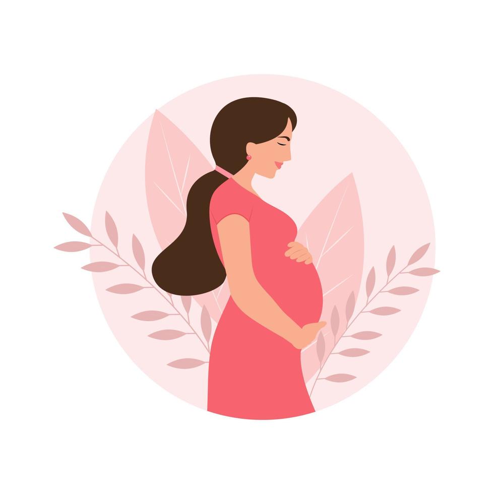 Happy pregnant woman holds her belly. Pregnancy concept. Vector illustration.