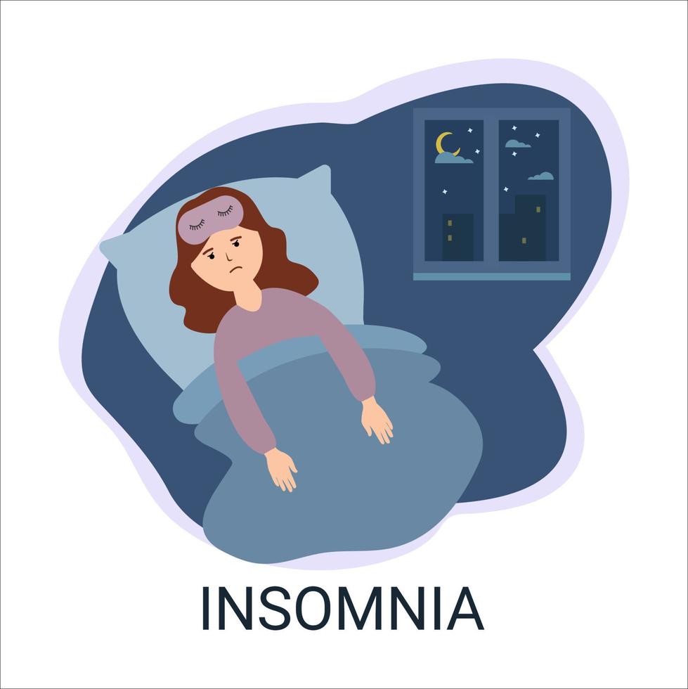 Girl suffers from insomnia lying in bed on bedroom background at night. Woman insomnia.Flat cartoon style vector illustration.