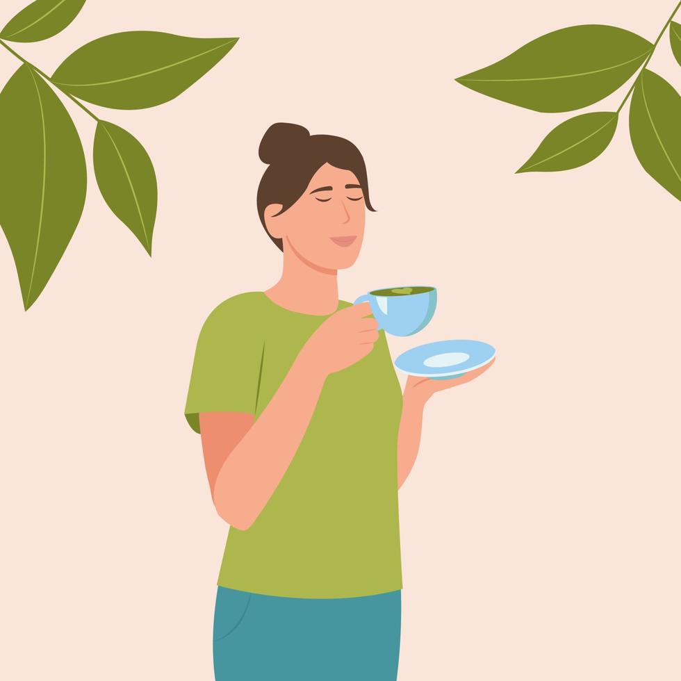 una joven bebe té matcha, té verde. el concepto de nutrición adecuada y un estilo de vida saludable. salud y armonía.meditación.ilustración plana. vector