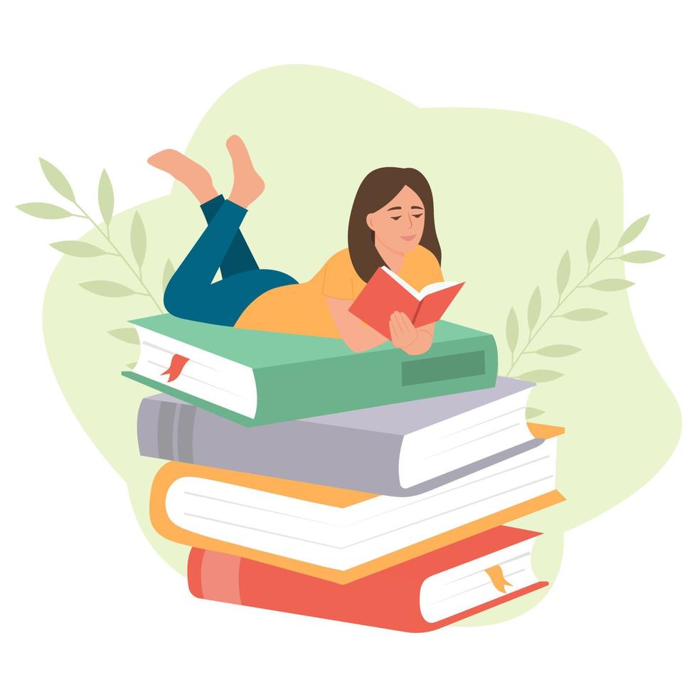 Girl lies on on stack of big books with open book in her hands.Literature fan.  Concept illustration of earning, distance studying and self education. Young woman study in library, literary club vector