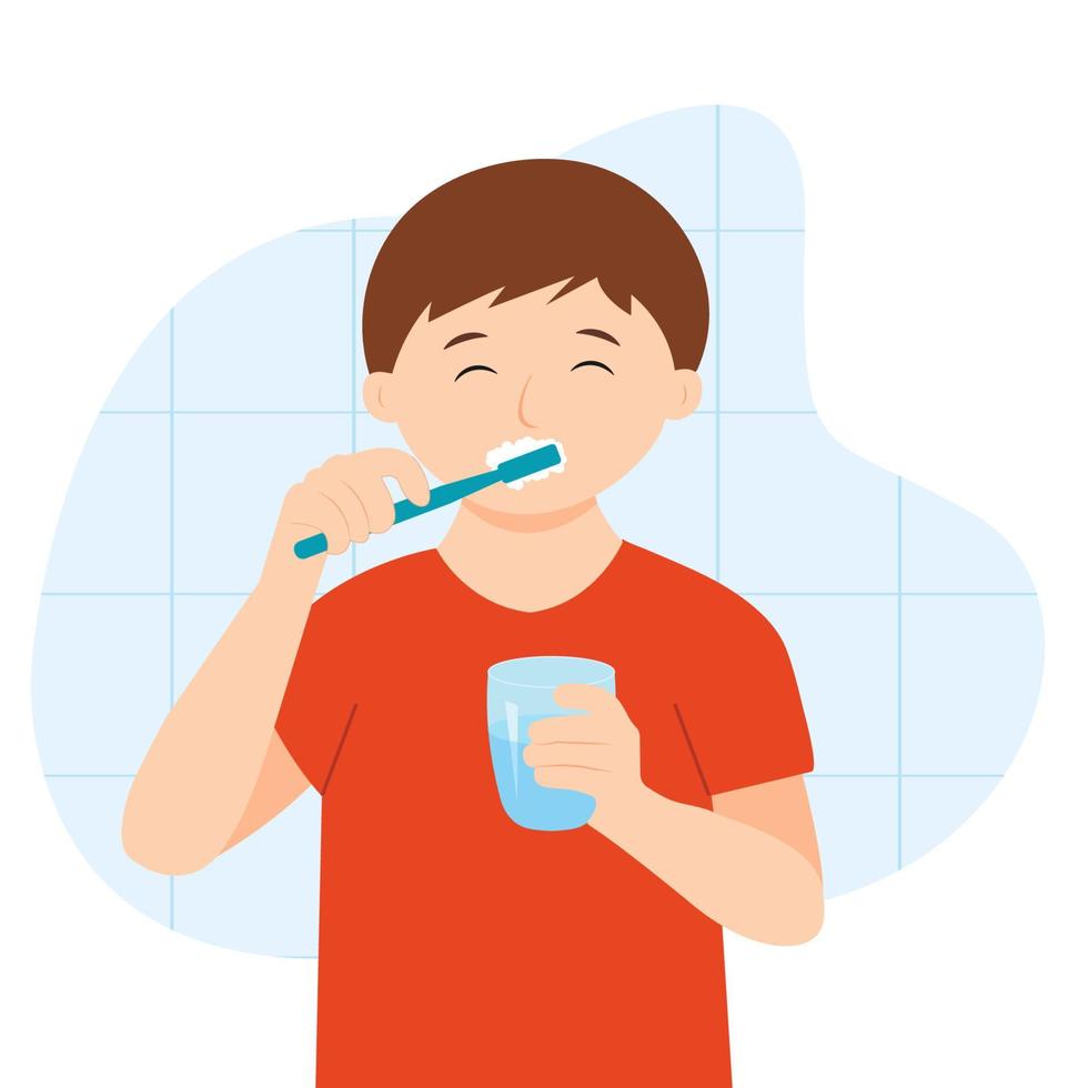 Boy brushing teeth with toothpaste. Cute kid clean his teeth. Vector illustration.