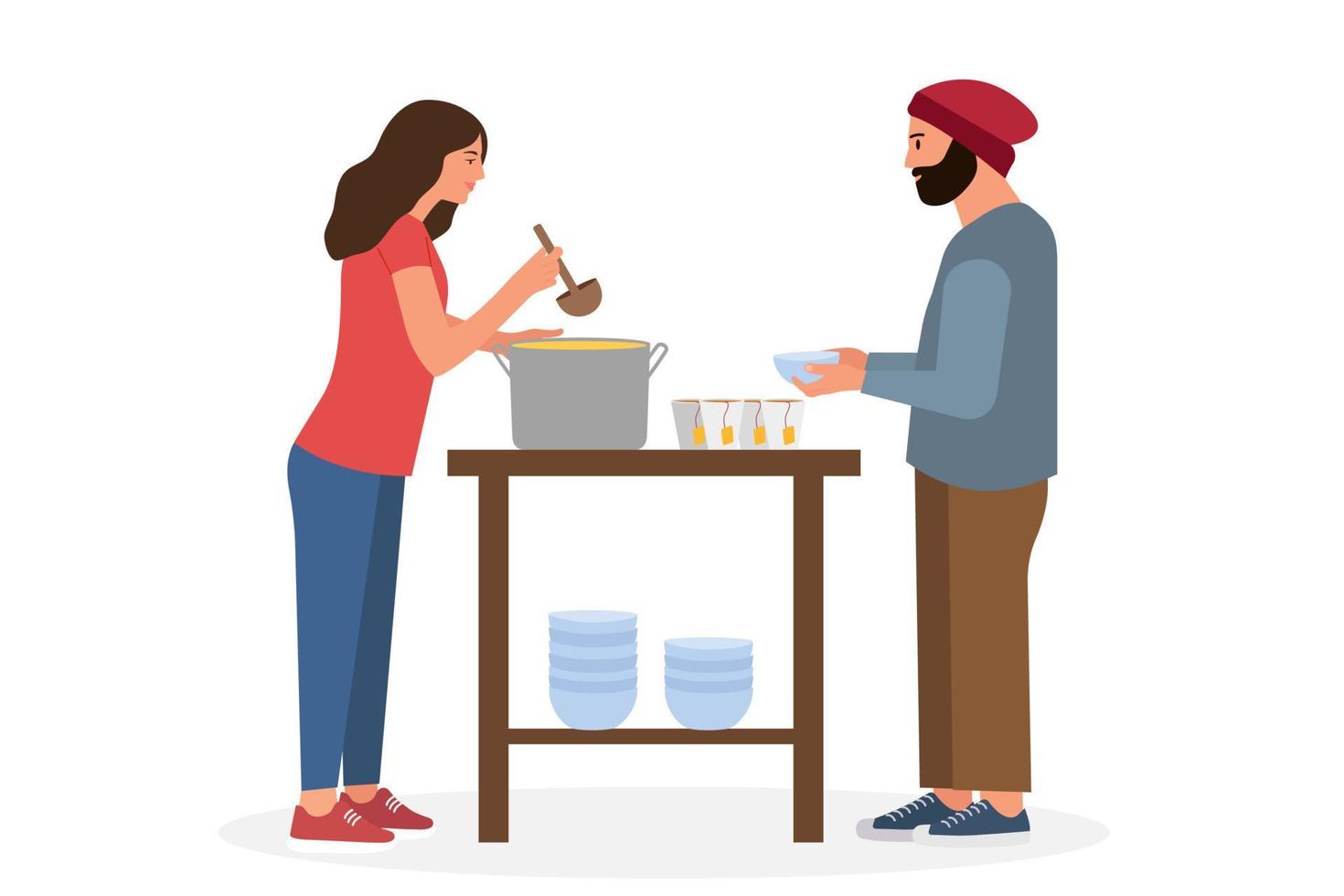 voluntario alimenta a una pobre persona sin hogar. ayuda y apoyo. chica generosa dando comida a los mendigos en la calle. mujer con una sopa en la olla. actividad altruista voluntaria.ilustración plana vectorial aislada vector