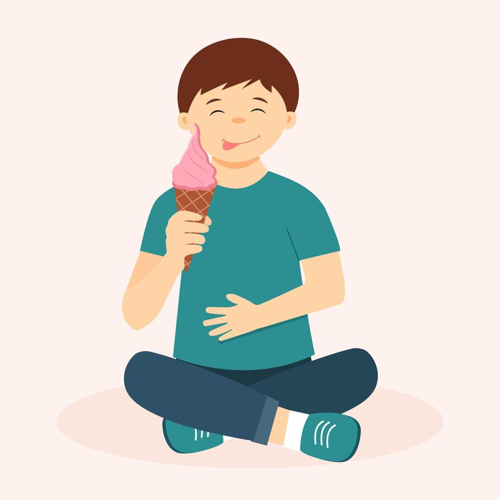 Cute boy eating an ice cream. Kid sitting and holding ice cream cone in his hand. Vector illustration isolated