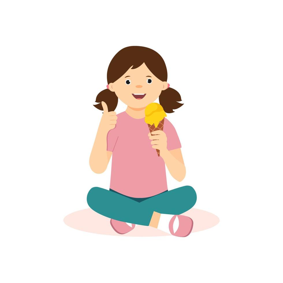 Cute kid eating an ice cream. Girl sitting and holding ice cream cone in his hand. Vector illustration isolated