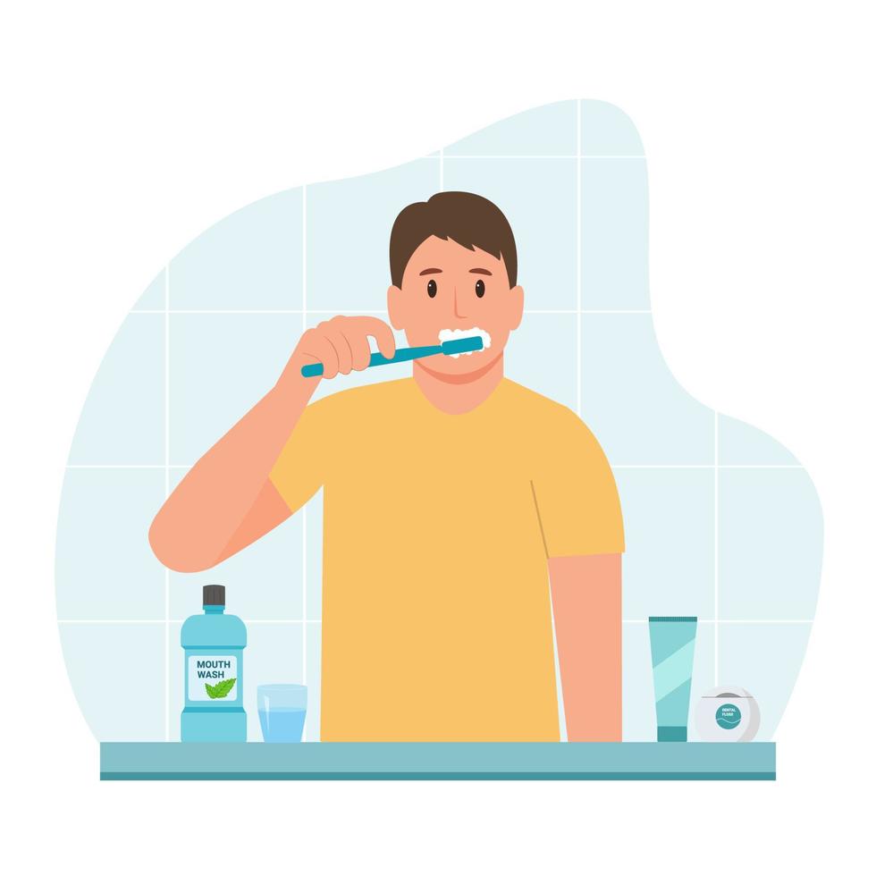 Young man brushing teeth.  Dental daily life concept. Oral hygiene and health care. Vector illustration