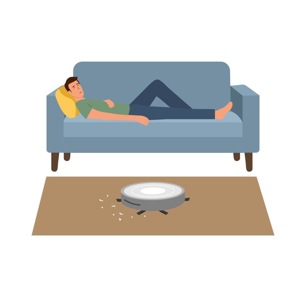 Man  laying on comfortable sofa. Boy sleeping on the couch, robot vacuum cleaner works. Modern wireless equipment for cleaning the apartment.Cleaning concept.Vector illustration vector