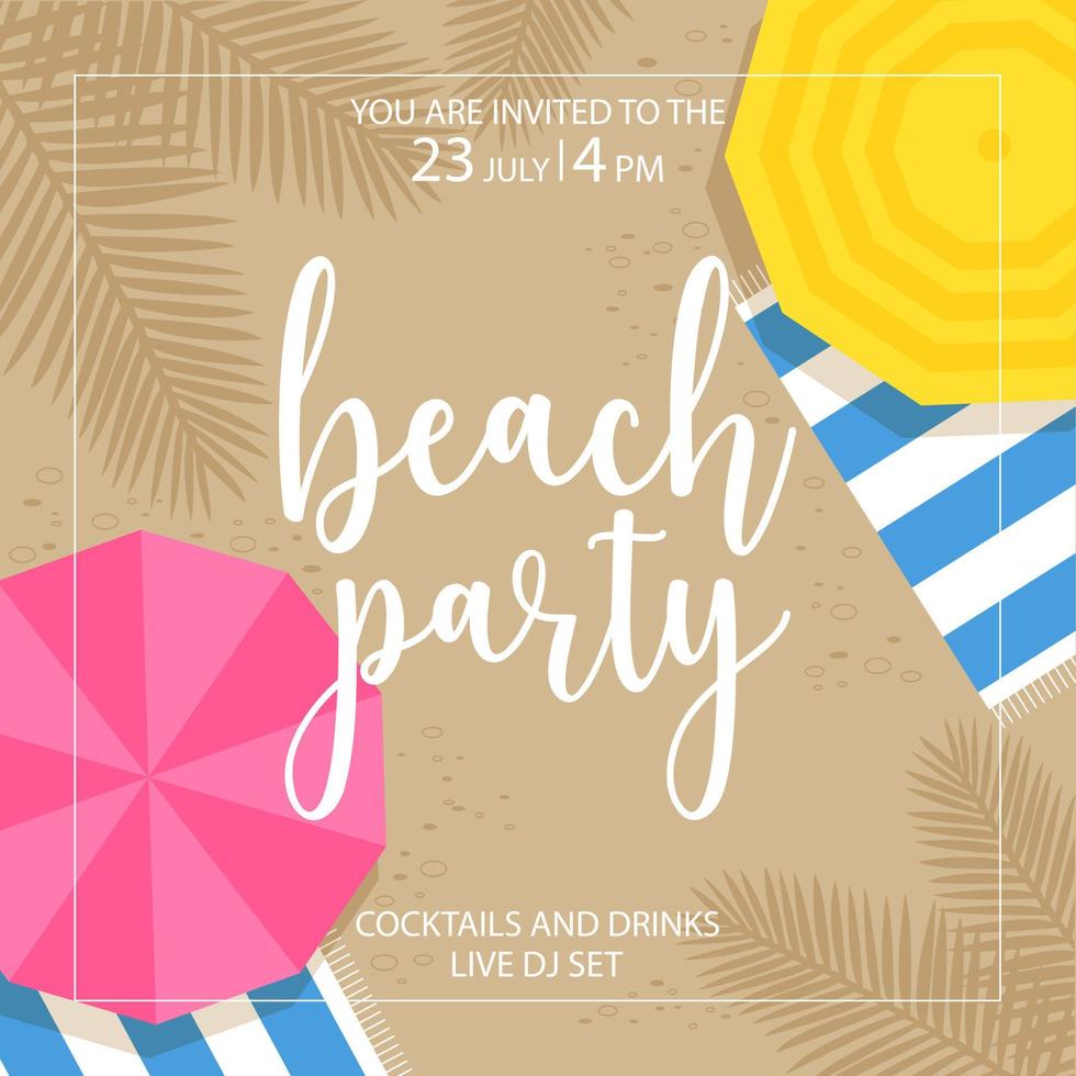 banner, afiche o volante de invitación a la fiesta en la playa de verano adecuado para eventos exóticos de vacaciones. ilustración vectorial con sombrilla de playa y toalla en el litoral cubierto por la sombra de las hojas de palma. vector