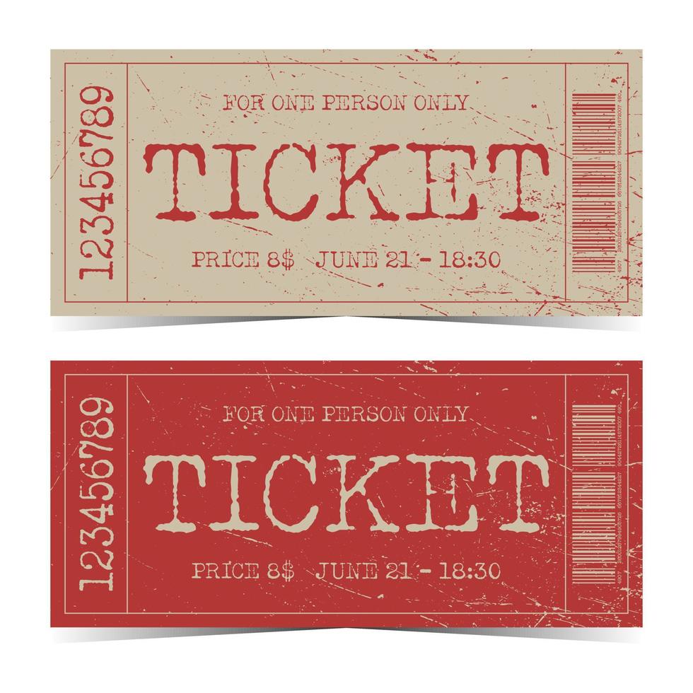 Retro or vintage ticket template or mockup with shabby text on kraft paper or red background. Vector illustration of event talon with bar code, number, price, date and time.