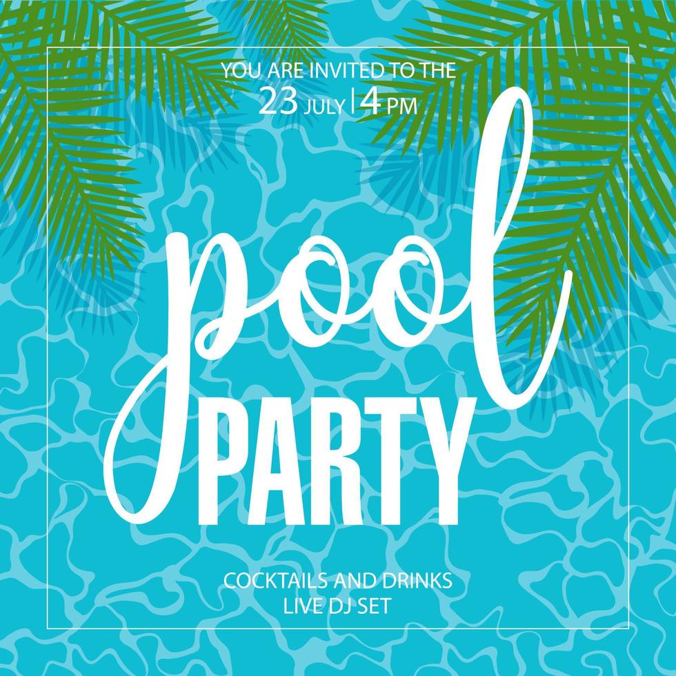 Banner design template for summer pool party event with blue water and exotic tree palm leaves on the background. Vector illustration in flat style for web social media posts and advertisement.