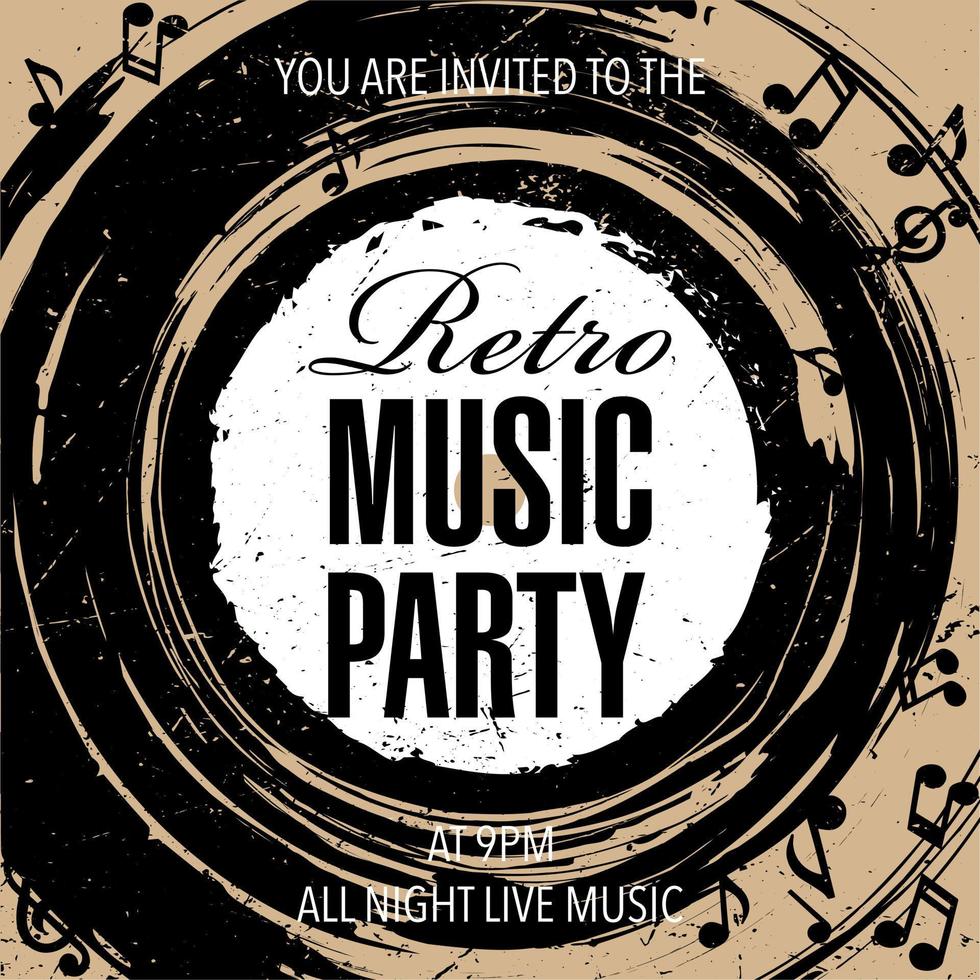 Retro music party invitation card or poster with vinyl record, notes and treble clef. Vector illustration of musical evening promo banner or advertisement leaflet in vintage grunge style.