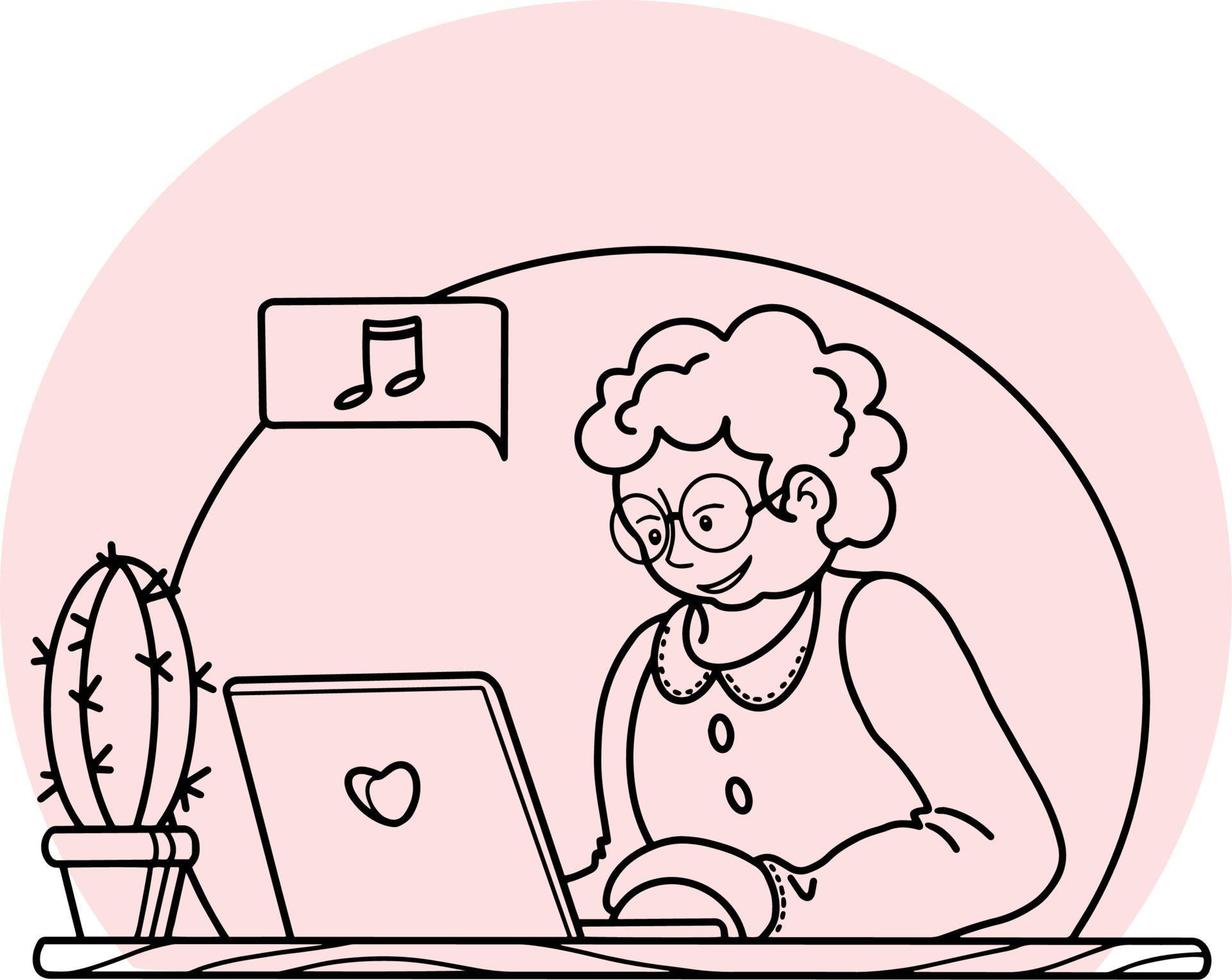 Vector illustration. A happy grandmother is sitting at home on a computer, there is a cactus on the table