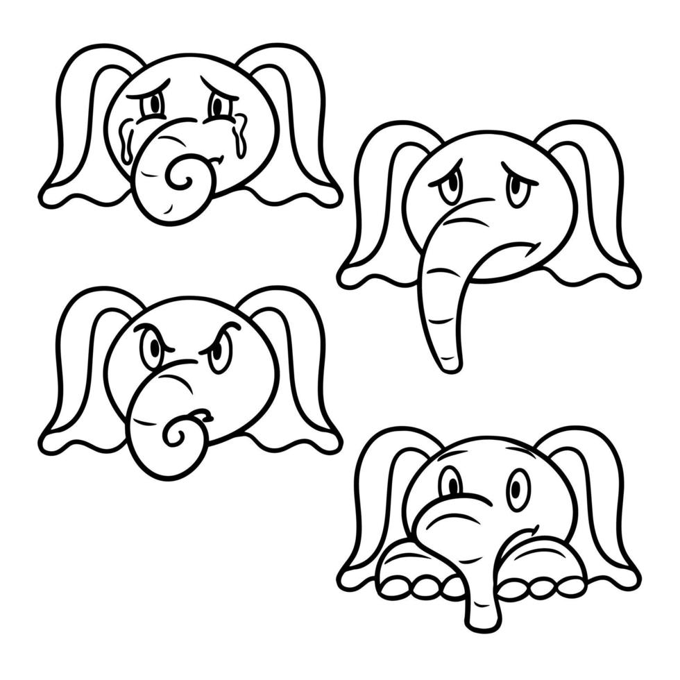 A set of animals with different emotions, sad, angry elephants, a line. Monochrome cartoon vector illustration, coloring book.