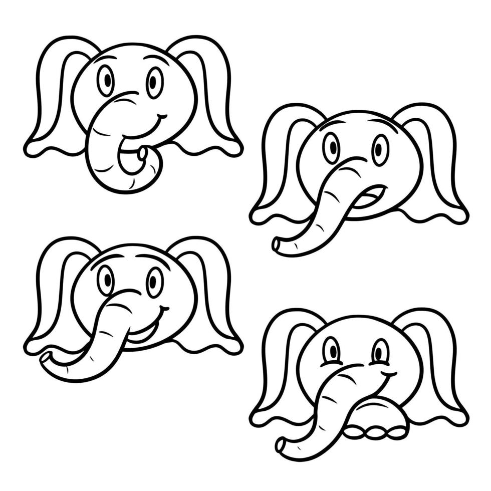 Vector image. A set of animals, funny emotions of a cartoon elephant, a line. Monochrome illustration, coloring book.