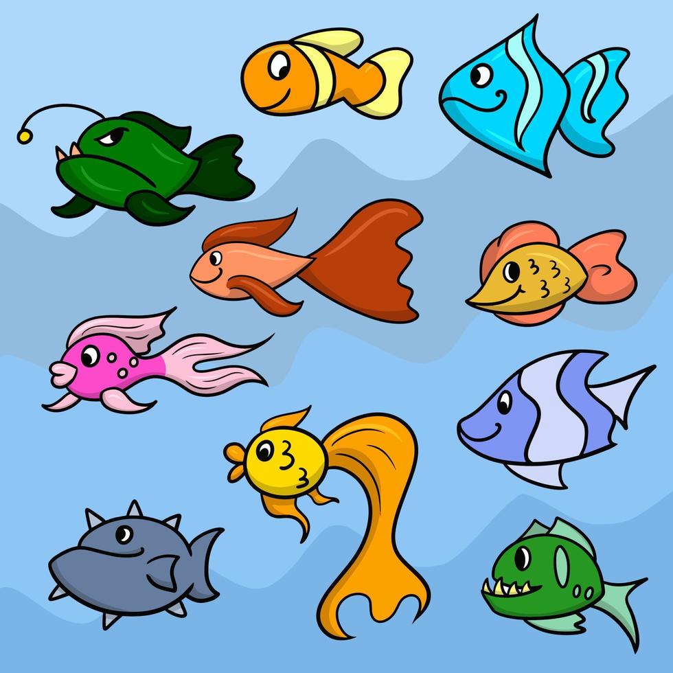 un gran conjunto de coloridos peces felices de dibujos animados del acuario y el océano, peces exóticos, ilustración vectorial en un fondo de color vector