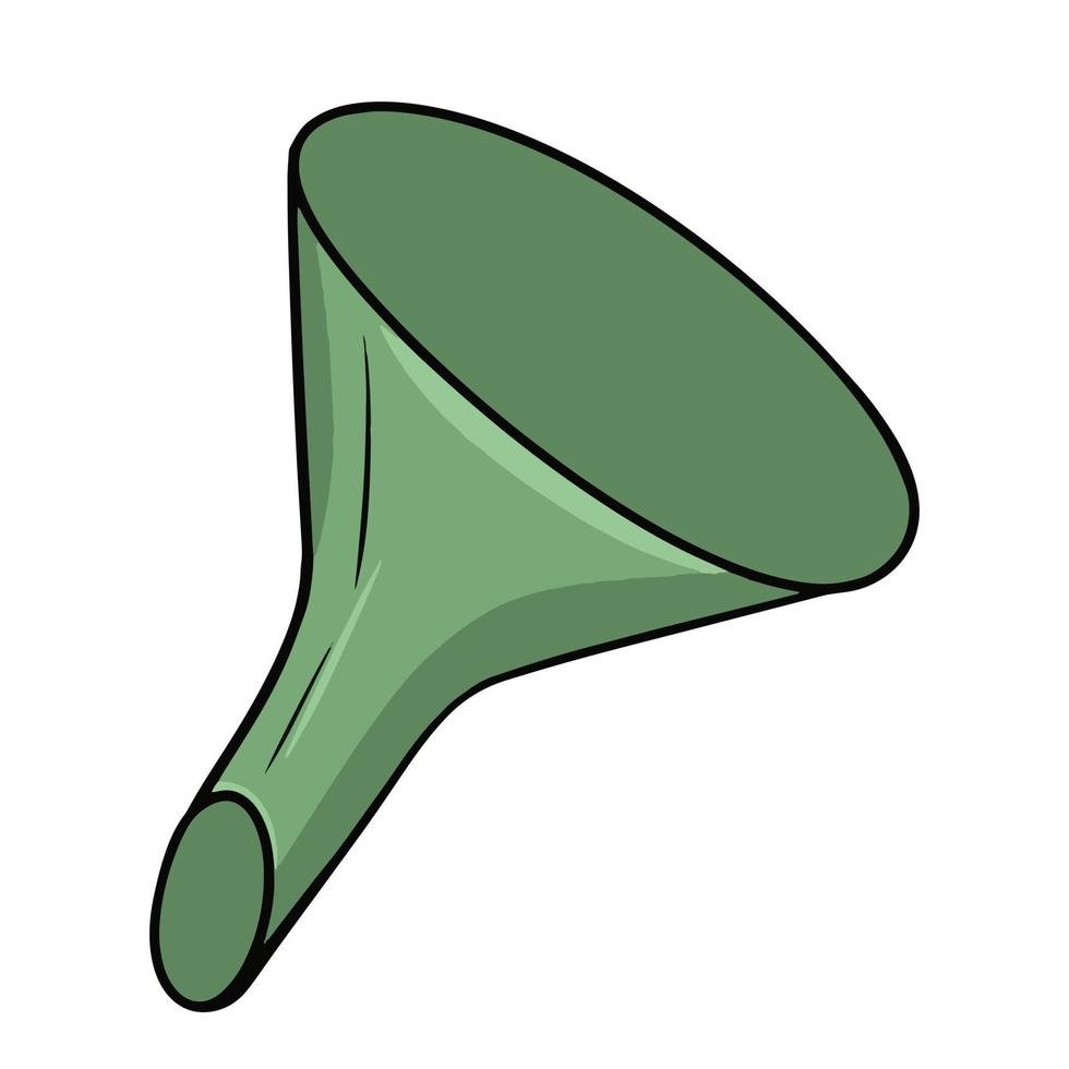 Green plastic funnel, vector illustration in cartoon style on a white background