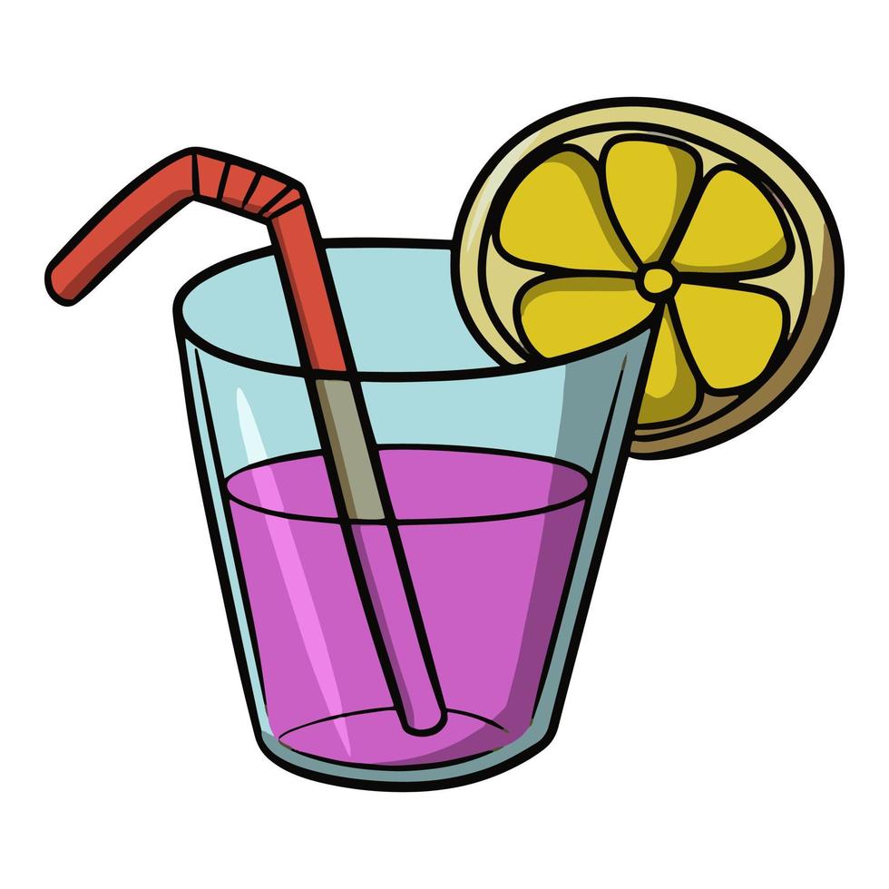 Glass glass with juice, Elite drink decorated with lemon slice and tubes, summer drinks, freshness, vector illustration on white background