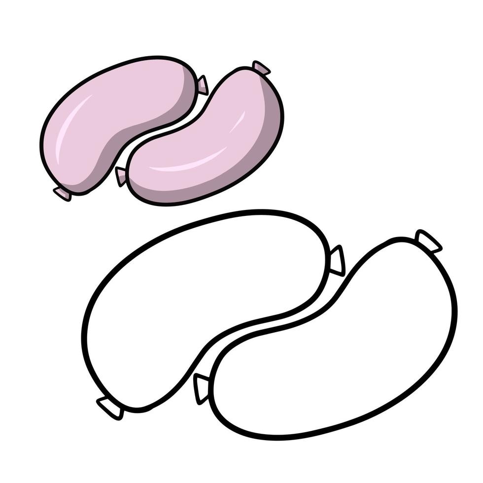 Juicy meat, delicious pink thick sausages, A set of pictures for a coloring book, vector illustration in cartoon style on a white background