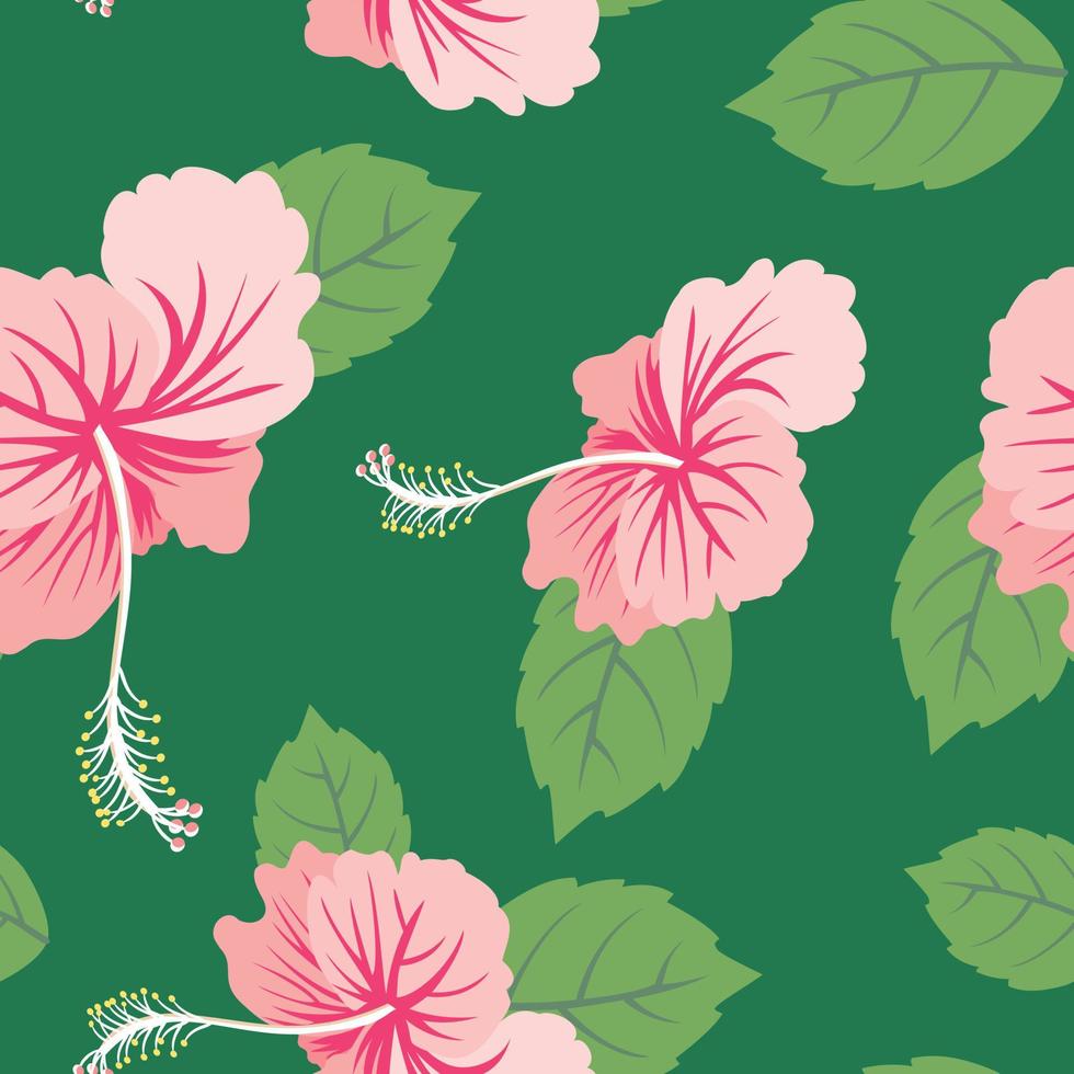 Vector illustration, Pink hibiscus flower on green background, seamless pattern