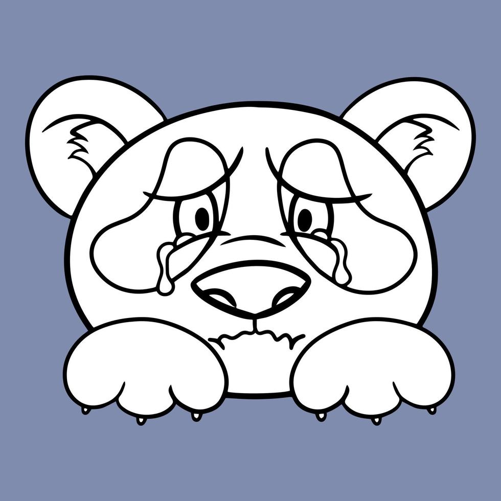 Monochrome picture, Sad panda character, crying panda, animal emotions, vector cartoon illustration