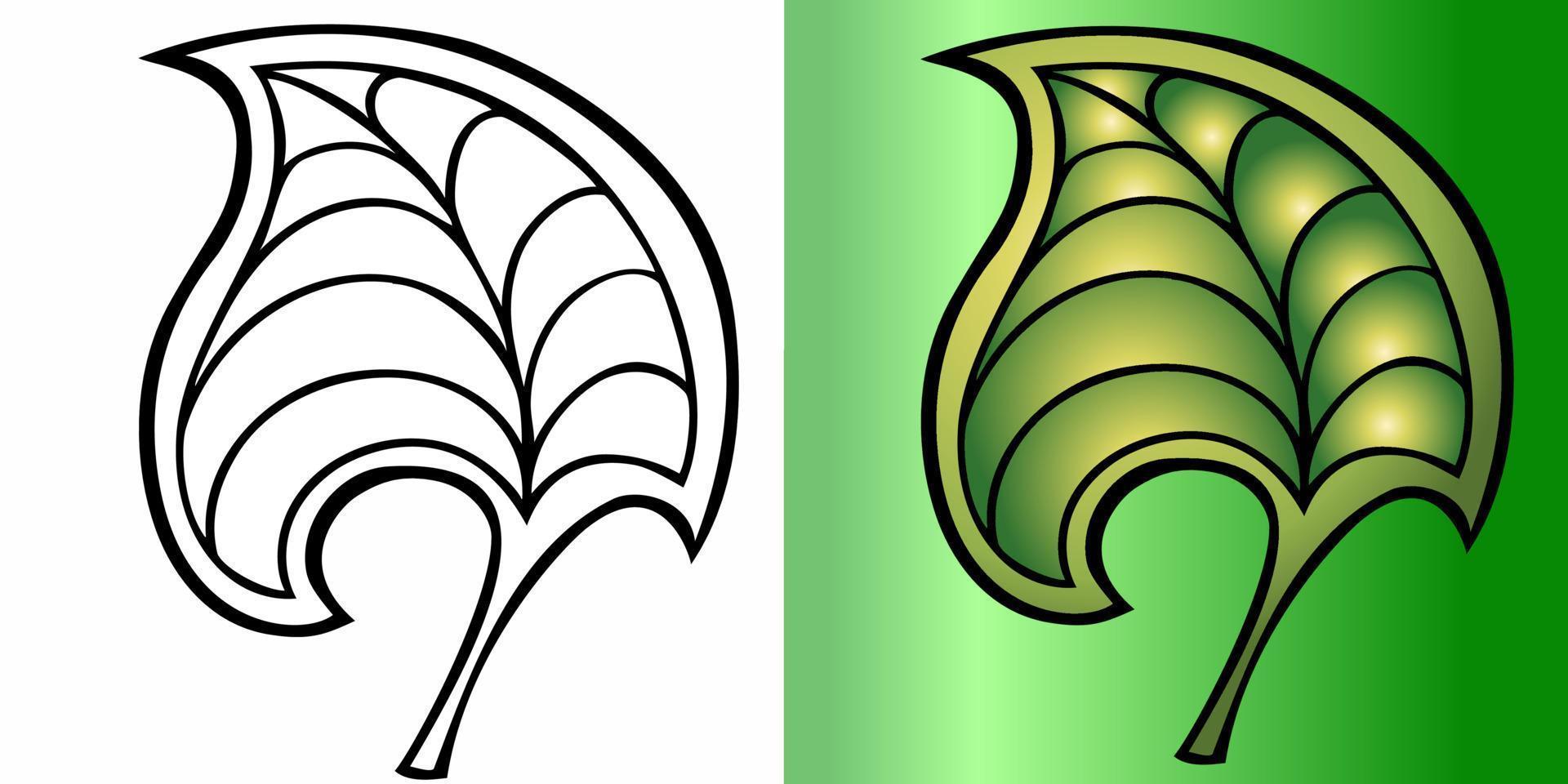 Vector illustration. Set of two decorative leaves in black and white and color
