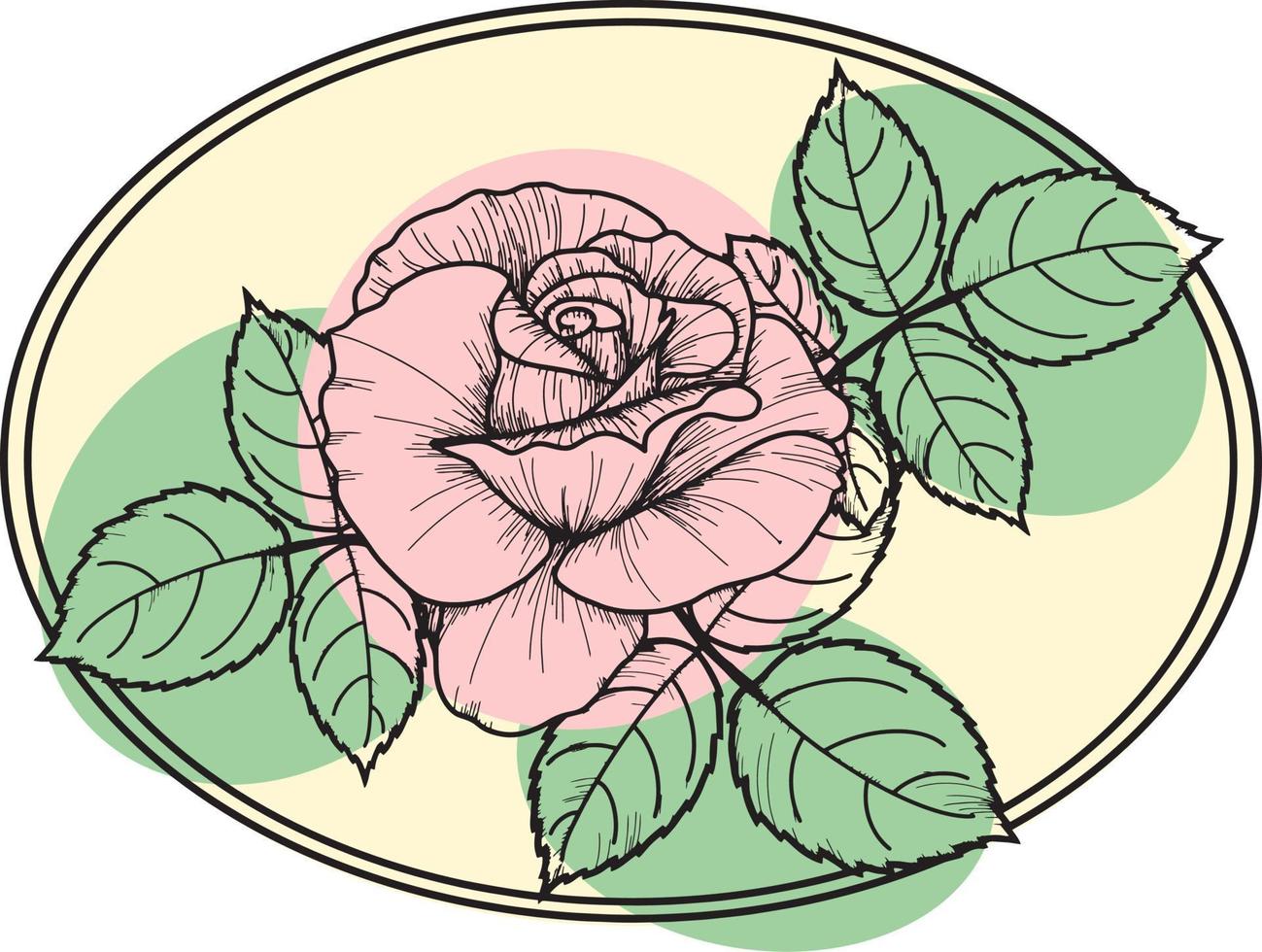 A card with a pink rose with green leaves in an oval vector