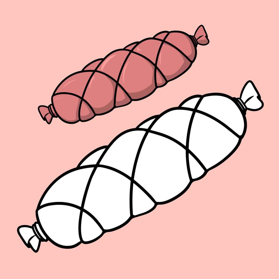 A set for a coloring book. Delicious pink smoked sausage, vector cartoon illustration on a light background