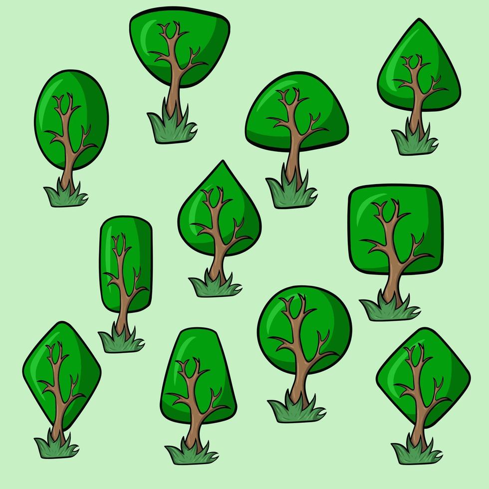 A large set of pictures, cartoon trees with beautiful foliage, vector illustration on a light background, design element