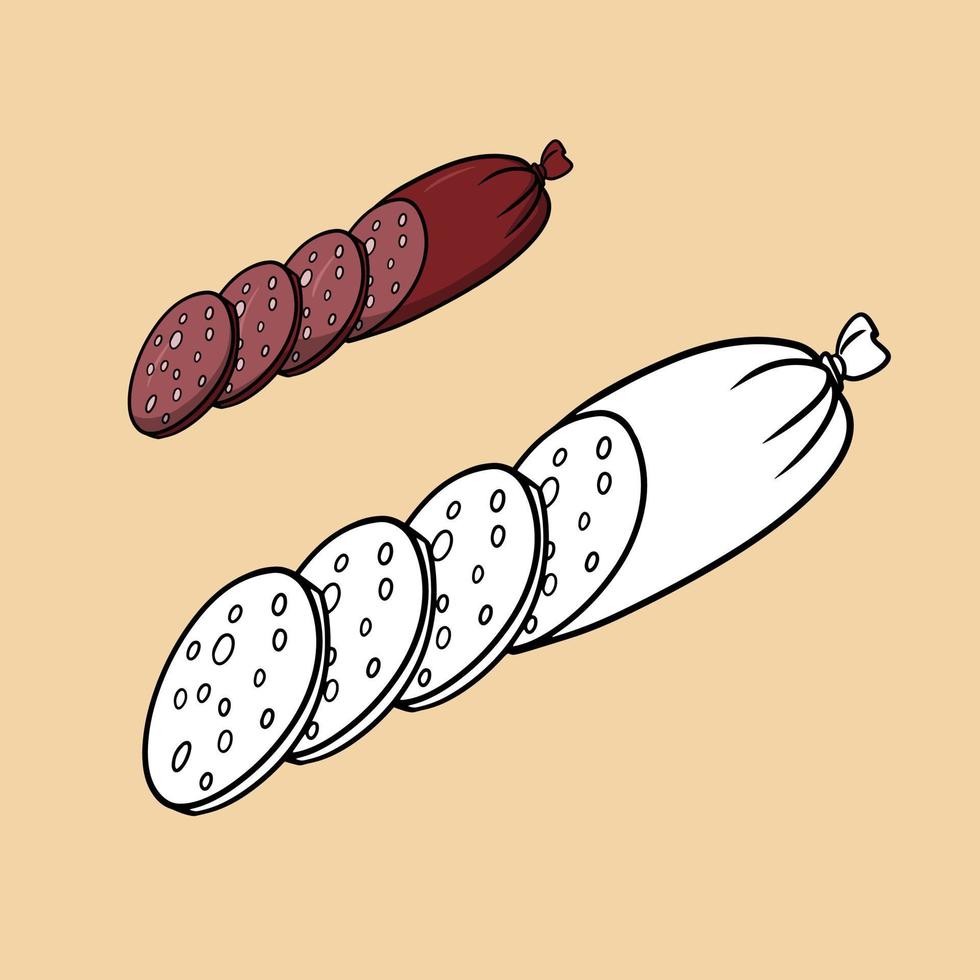 un conjunto de imágenes para un libro de colorear, una deliciosa salchicha rosa con tocino, cortada en pedazos, ilustración de dibujos animados vectoriales en un fondo beige vector