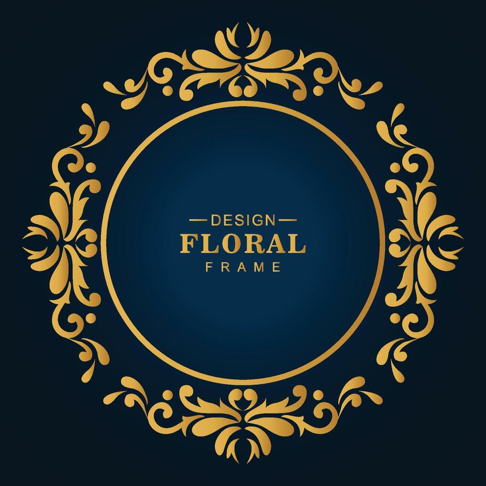 Decorative artistic luxury golden circular floral frame blue background vector
